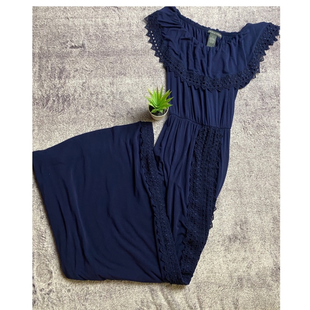 Blue Maxi Eyelit Ruffle Off Shoulder Dress In S
